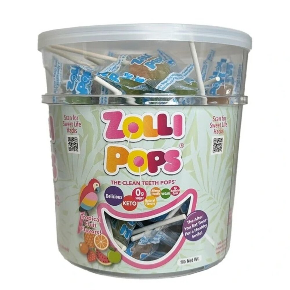 Zolli Pops Sugar-Free Clean Teeth Lollipops Tropical Fruit 1Lb Tub Vegan & Keto